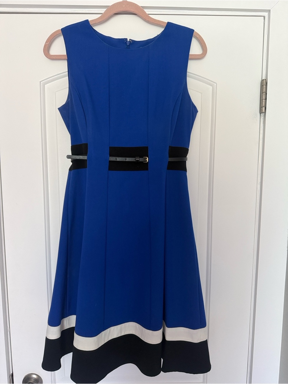 Calvin Klein Royal Blue Fit-and-Flare Dress with Black & White Trim